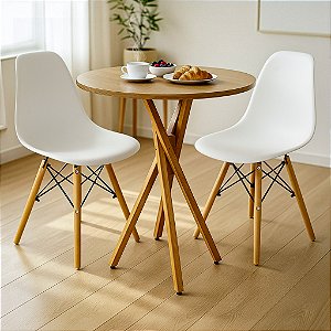 Mesa Redonda Bistrô 70cm Louro Freijó com 2 Cadeiras Eiffel Branca