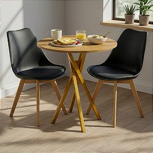 Mesa Redonda Bistrô 70cm Louro Freijó com 2 Cadeiras Siena Preta