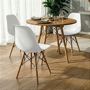 Mesa Redonda Eiffel 80cm Louro Freijó com 3 Cadeiras Eiffel Branca