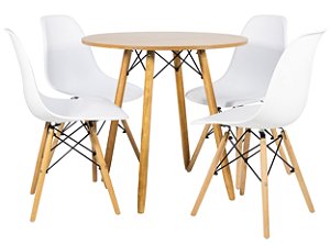 Mesa Redonda Eiffel 80cm Louro Freijó com 4 Cadeiras Eiffel Branca