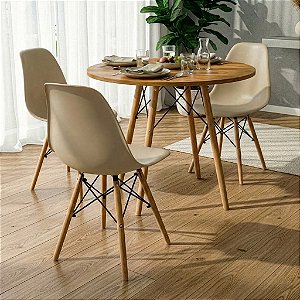 Mesa Redonda Eiffel 80cm Louro Freijó com 3 Cadeiras Eiffel Nude