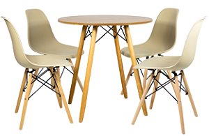 Mesa Redonda Eiffel 80cm Louro Freijó com 4 Cadeiras Eiffel Nude