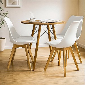 Mesa Redonda Eiffel 80cm Louro Freijó com 3 Cadeiras Siena Branca