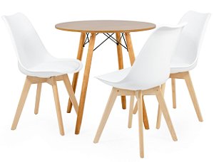 Mesa Redonda Eiffel 80cm Louro Freijó com 3 Cadeiras Siena Branca