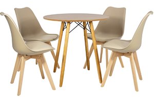 Mesa Redonda Eiffel 80cm Louro Freijó com 4 Cadeiras Siena Nude