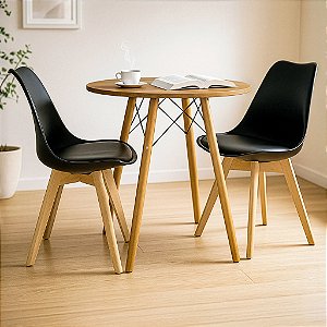 Mesa Redonda Eiffel 80cm Louro Freijó com 2 Cadeiras Siena Preta