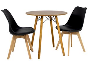 Mesa Redonda Eiffel 80cm Louro Freijó com 2 Cadeiras Siena Preta