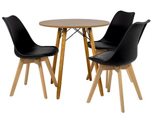 Mesa Redonda Eiffel 80cm Louro Freijó com 3 Cadeiras Siena Preta