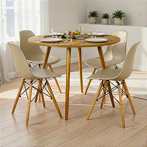 Mesa Redonda Sofia 80cm Louro Freijó com 4 Cadeiras Eiffel Nude