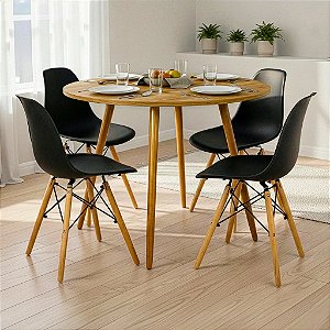 Mesa Redonda Sofia 80cm Louro Freijó com 4 Cadeiras Eiffel Preta