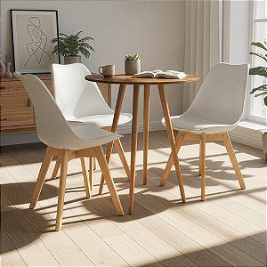 Mesa Redonda Sofia 80cm Louro Freijó com 3 Cadeiras Siena Branca