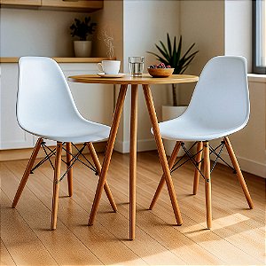 Mesa Redonda Tripé 80cm Louro Freijó com 2 Cadeiras Eiffel Branca