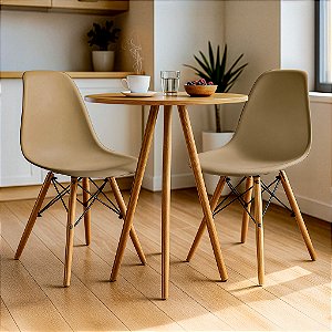 Mesa Redonda Tripé 80cm Louro Freijó com 2 Cadeiras Eiffel Nude