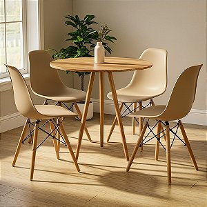 Mesa Redonda Tripé 80cm Louro Freijó com 4 Cadeiras Eiffel Nude