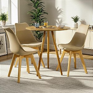 Mesa Redonda Tripé 80cm Louro Freijó com 3 Cadeiras Siena Nude