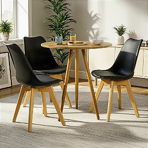 Mesa Redonda Tripé 80cm Louro Freijó com 3 Cadeiras Siena Preta