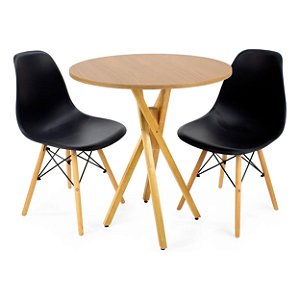 Mesa Redonda Bistrô 80cm Louro Freijó com 2 Cadeiras Eiffel Preta