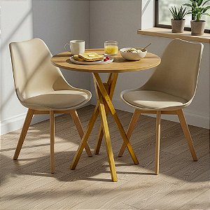 Mesa Redonda Bistrô 80cm Louro Freijó com 2 Cadeiras Siena Nude
