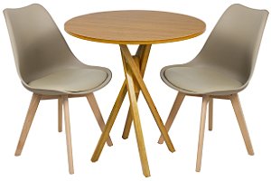 Mesa Redonda Bistrô 80cm Louro Freijó com 2 Cadeiras Siena Nude
