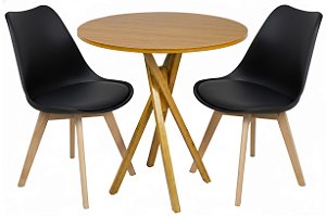 Mesa Redonda Bistrô 80cm Louro Freijó com 2 Cadeiras Siena Preta