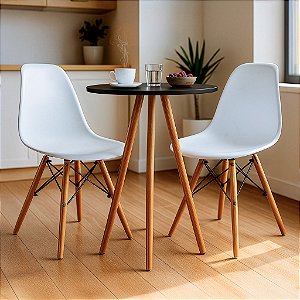 Mesa Redonda Tripé 60cm Preta com 2 Cadeiras Eiffel Branca
