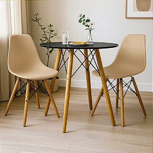Mesa Redonda Eiffel 70cm Preta com 2 Cadeiras Eiffel Nude