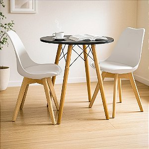 Mesa Redonda Eiffel 70cm Preta com 2 Cadeiras Siena Branca