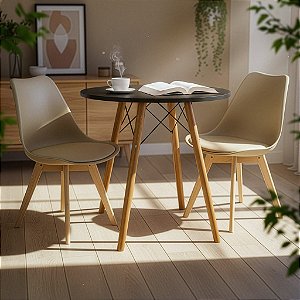 Mesa Redonda Eiffel 70cm Preta com 2 Cadeiras Siena Nude