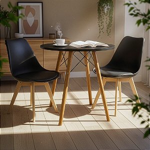 Mesa Redonda Eiffel 70cm Preta com 2 Cadeiras Siena Preta