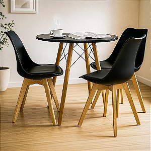 Mesa Redonda Eiffel 70cm Preta com 3 Cadeiras Siena Preta