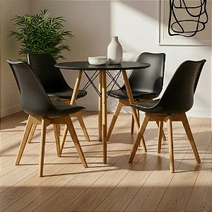 Mesa Redonda Eiffel 70cm Preta com 4 Cadeiras Siena Preta