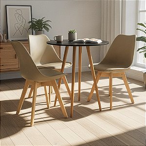 Mesa Redonda Sofia 70cm Preta com 3 Cadeiras Siena Nude