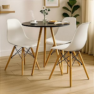 Mesa Redonda Tripé 70cm Preta com 3 Cadeiras Eiffel Branca