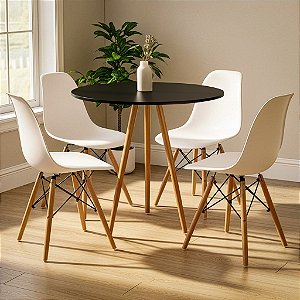 Mesa Redonda Tripé 70cm Preta com 4 Cadeiras Eiffel Branca