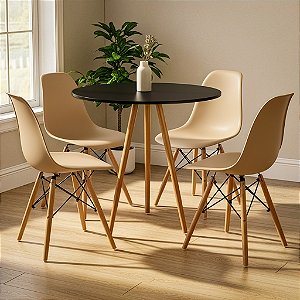 Mesa Redonda Tripé 70cm Preta com 4 Cadeiras Eiffel Nude