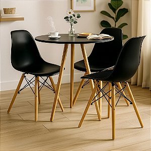 Mesa Redonda Tripé 70cm Preta com 3 Cadeiras Eiffel Preta