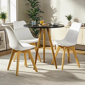 Mesa Redonda Tripé 70cm Preta com 3 Cadeiras Siena Branca