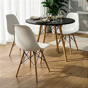 Mesa Redonda Eiffel 80cm Preta com 3 Cadeiras Eiffel Branca