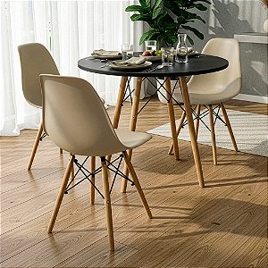 Mesa Redonda Eiffel 80cm Preta com 3 Cadeiras Eiffel Nude