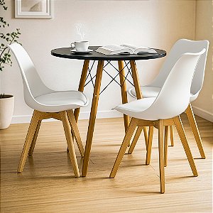 Mesa Redonda Eiffel 80cm Preta com 3 Cadeiras Siena Branca