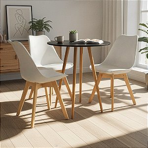 Mesa Redonda Sofia 80cm Preta com 3 Cadeiras Siena Branca