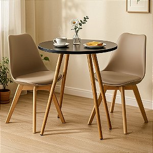Mesa Redonda Sofia 80cm Preta com 2 Cadeiras Siena Nude