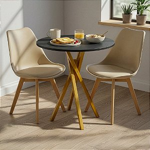 Mesa Redonda Bistrô 80cm Preta com 2 Cadeiras Siena Nude