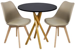 Mesa Redonda Bistrô 80cm Preta com 2 Cadeiras Siena Nude