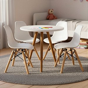 Mesa Infantil Branca 50cm Tripé + 4 Cadeiras Eiffel Branco