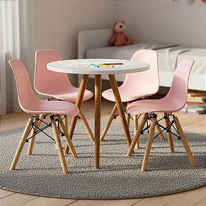Mesa Infantil Branca 50cm Tripé + 4 Cadeiras Eiffel Rosa