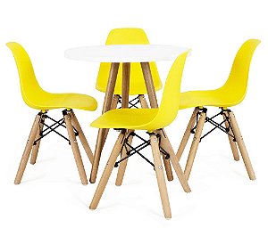 Mesa Infantil Branca 50cm Tripé + 4 Cadeiras Eiffel Amarelo