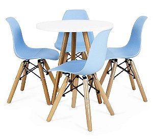 Mesa Infantil Branca 50cm Tripé + 4 Cadeiras Eiffel Azul