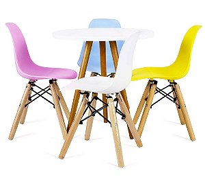 Mesa Infantil Branca 50cm Tripé + 4 Cadeiras Eiffel Colorido