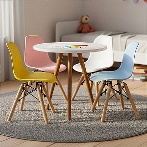 Mesa Infantil Branca 50cm Tripé + 4 Cadeiras Eiffel Colorido
